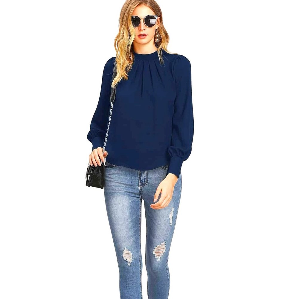 Solid Ruched Keyhole Back Blouse NWOT